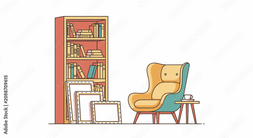 Fototapeta premium Cozy reading nook with a bookshelf, comfortable armchair, and side table.