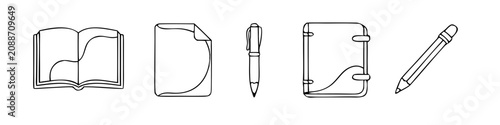 Open book paper pen and pencil icons arranged linearly on white background
