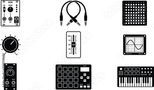 Fotografie Modular Synthesizer and Electronic Music Studio Production Gear Icon Set with Eu