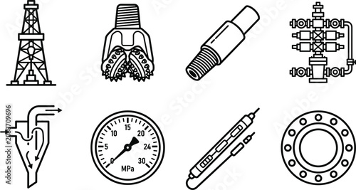 Fotografie Oil and Gas Drilling Engineering Equipment Icon Set featuring Derrick Drill Bit