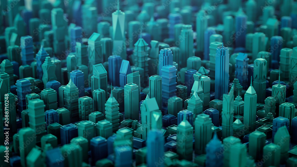 Obraz premium Abstract futuristic city skyline with glowing tall buildings and skyscrapers