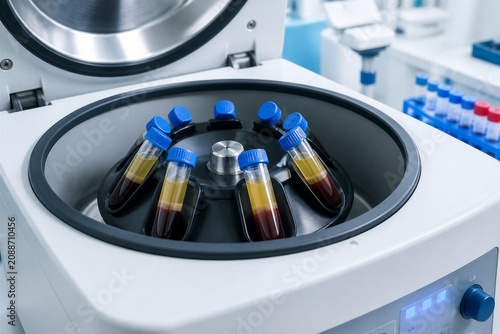 Blood samples are placed in a centrifuge that spins at high speed in a laboratory. This process separates components of the blood for tests.