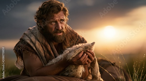 Gideon holding a dry fleece while the ground around him is covered with morning dew as a sign from God.