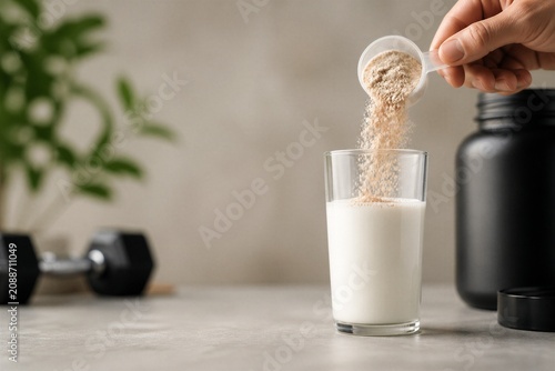 A person is pouring protein powder into a glass filled with milk. A black container sits nearby, and a dumbbell is visible on the table. This scene shows a moment of preparation for a workout.