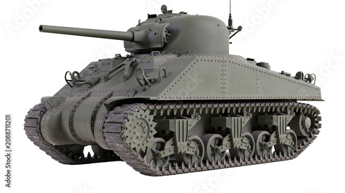Bild auf Leinwand Olive green M4 Sherman tank with tracks and turret, isolated on transparent back