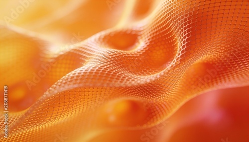Futuristic orange and yellow neon net background. High tech carbon fiber lattice or breathable textile backdrop with smooth waves.