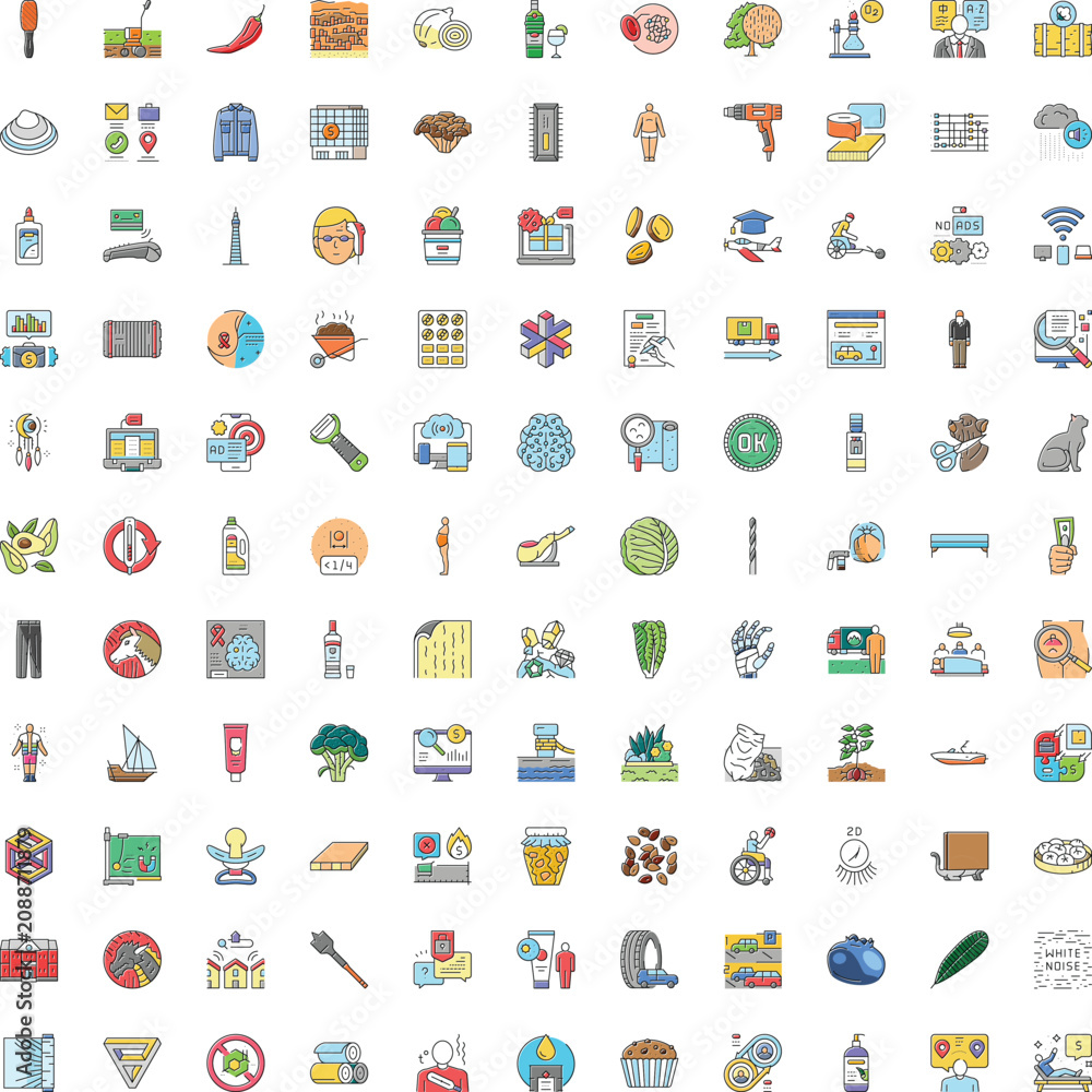 Fototapeta premium Large grid displaying a wide array of colorful flat line icons, illustrating common objects, activities, concepts, food, technology, and health themes for digital design