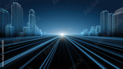 Futuristic cityscape dark blue background glowing lines high fidelity digital art urban skyline perspective modern architecture