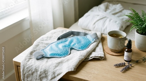 Cooling gel eye mask on bedside table with tea and essential oil for relaxation wellness banner and selfcare background