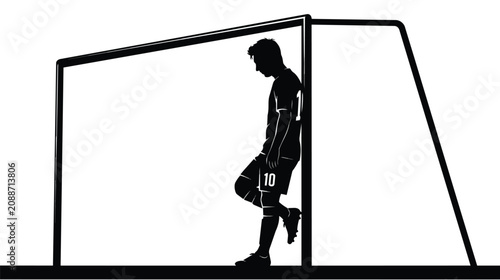 Cuadro en lienzo Soccer player silhouette leaning against goal post, disappointed football athlet