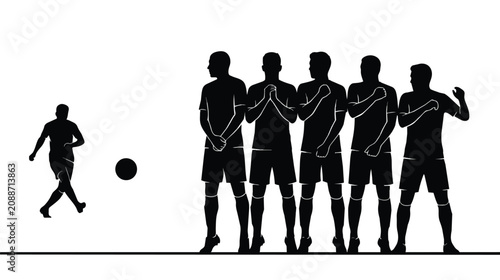 Foto Soccer free kick silhouette, football players forming a defensive wall against a