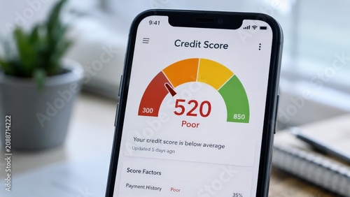 Smartphone display showing poor credit score rating on desk.