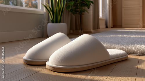Comfortable indoor slippers on cozy rug in modern bedroom