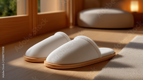 Comfortable indoor slippers on cozy rug in sunny modern bedroom