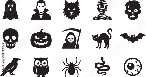 Obraz na plátně Halloween icons set including ghost vampire werewolf mummy zombie skull pumpkin