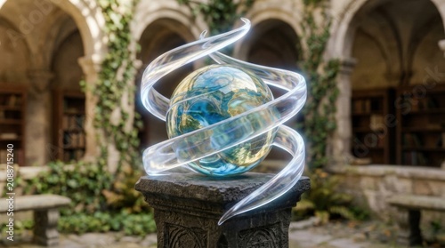 Glassy globe on a stone pedestal wrapped by a glowing ribbon in a cloister library for magical education background and knowledge poster