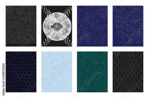 Geometric Patterns, Seamless Textures, Blue Black Backgrounds, 8pcs Design Elements, Vector