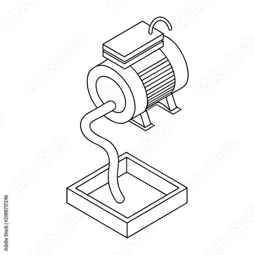 Isometric electric motor pump icon with drainage piping system