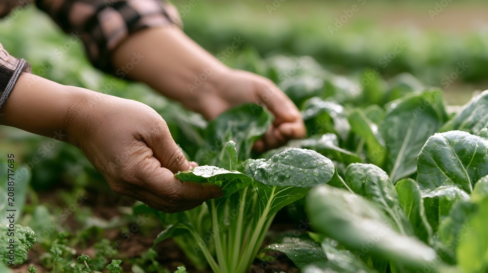 Naklejka premium Hands gently harvest fresh green leafy vegetables from a dew covered garden bed under natural light
