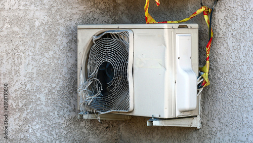 Burnt air conditioner outdoor unit melted from fire or extreme heatwave. Exploded AC system split block damage on house wall due to electricity overload and abnormal summer hot weather climate.