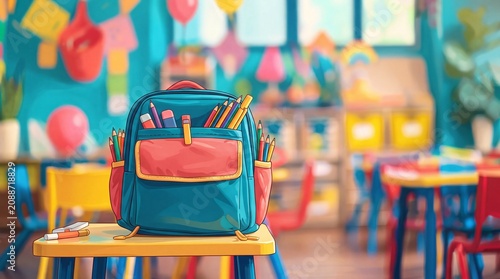 A vibrant school backpack filled with pencils and markers sits on a desk in a colorful, cheerful kindergarten or elementary school classroom setting.