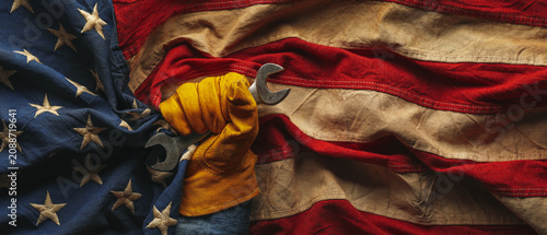 Worn work glove with wrench and the American flag. Symbolic of blue collar workers, USA manufacturing, pride in products Made in United States of America, or celebrate Father's day or US Labor Day.