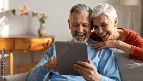 Smiling senior couple looks at tablet together, embracing on a couch in a bright room