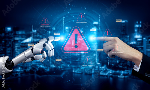Fotografie Interaction Between Human Hand and Robotic Arm with Warning Alerts Representing Advanced Technology and Artificial Intelligence Concepts