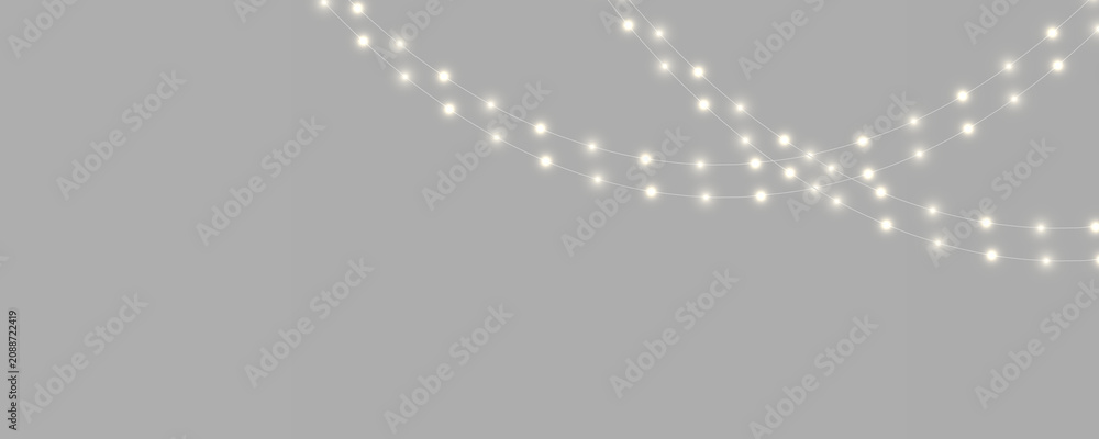Fototapeta premium Golden LED Christmas lights PNG with bright illumination and elegant details. Perfect decorative element for New Year celebration graphics.