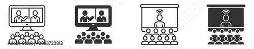 set of four video conference and webinar icons in outline and solid style on transparent background
