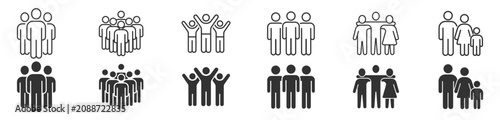 set of people icons in outline and solid style for groups teams and families on transparent background