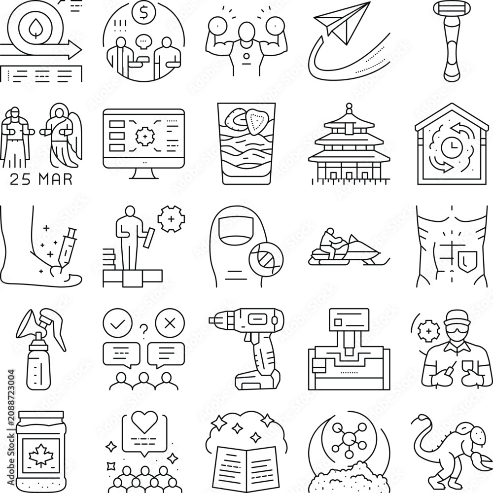 Fototapeta premium Set of thin line icons illustrating diverse concepts including technology, health, fitness, lifestyle, business, food, tool, and travel activities on a white background