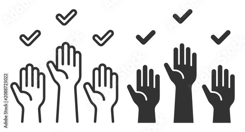 Photos raised hands line and solid icons with check marks voting participation approval