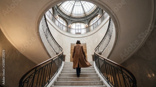 Elegant woman in a long brown coat ascending a grand symmetrical marble staircase under a magnificent glass dome ceiling