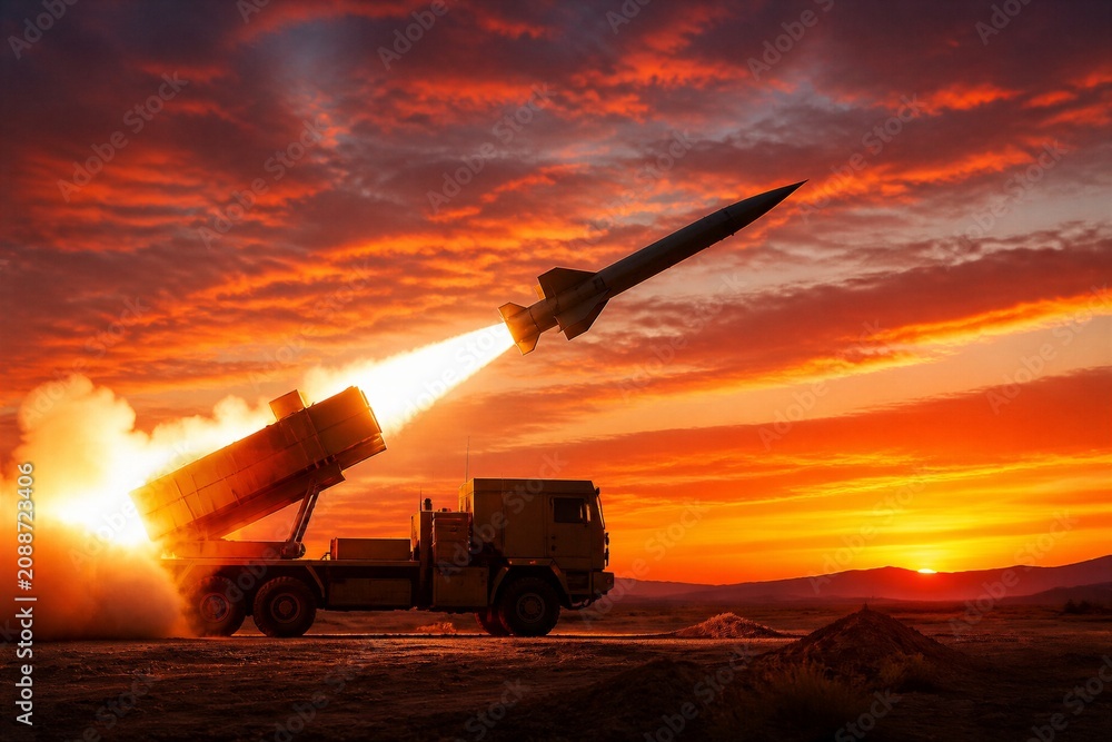 Fototapeta premium A missile is being launched from a truck in an open area during sunset. The sky is filled with orange and red colors as the missile takes off into the air.