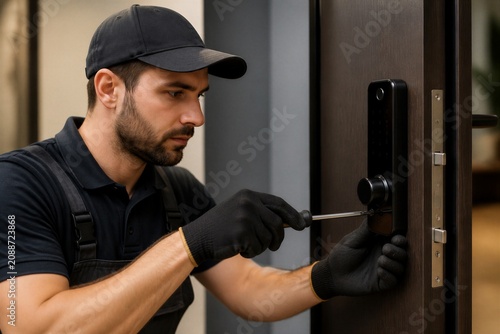 A man works on repairing a door lock with a screwdriver while wearing gloves. He is focused on his task in a well-lit indoor space.