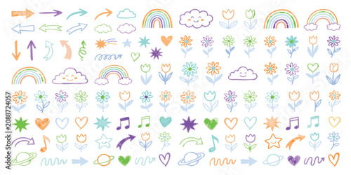 Photos Set of cute hand drawn doodle icons including rainbows clouds flowers stars arro