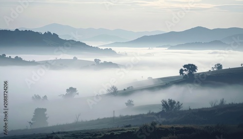Hilly landscape shrouded in morning fog, layers of mountains fading in the distance