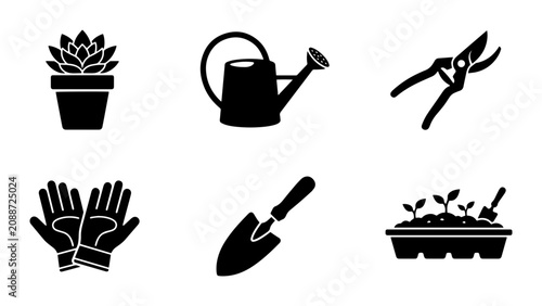 Fotografie Gardening Tools Vector Icons Set: Potted Plant, Watering Can, Pruners, Gloves, T