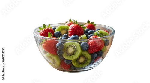 A glass bowl filled with a colorful mix of fresh strawberries, blueberries, and kiwi slices isolated on transparent background