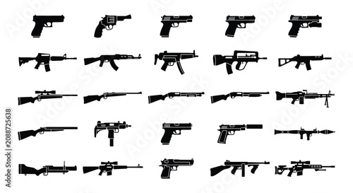 Schilderij op canvas Firearm Silhouettes Black Vector Illustrations On White Background