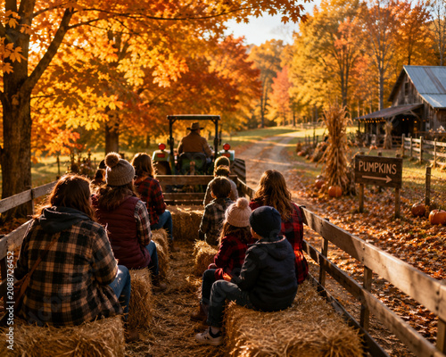 Several people in a hayride during autumn