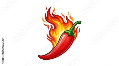 Fiery Red Chili Pepper with Flames Isolated on White Background