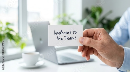 New hire integration and onboarding concept featuring a Welcome to the Team note in a modern workspace.