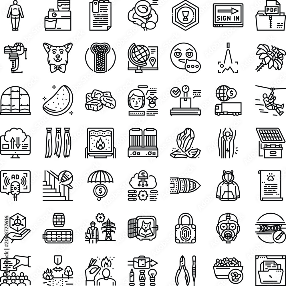 Fototapeta premium Set of diverse vector outline icons representing concepts across business, technology, finance, travel, health, and food, designed for web and mobile applications