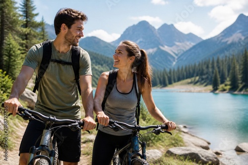 Two people ride mountain bikes by a clear lake. They smile at each other with mountains and trees in the background. It is sunny and bright, showing a beautiful outdoor setting.