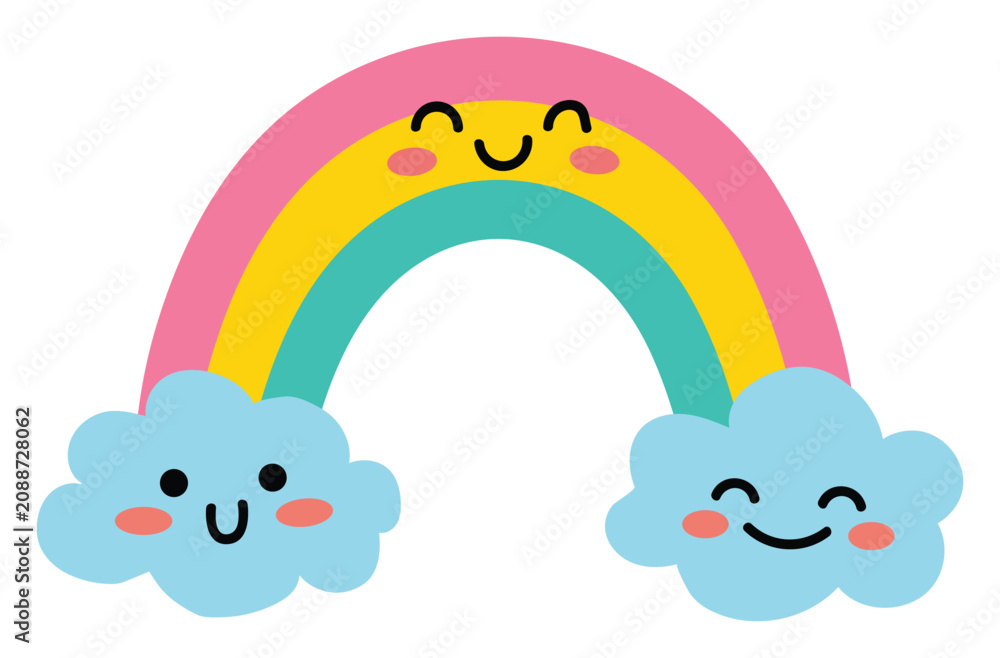 Naklejka premium Cute kawaii happy colorful rainbow arching between two fluffy clouds playful cartoon sticker flat vector illustration mascot