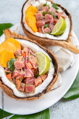 Easter island Tahitian, Hawaiian Tuna Ceviche with sweet potato in Natural zero waste coconuts plates