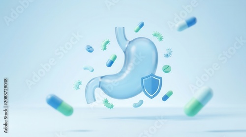 Gastric health care concept showing a stomach organ, shield icon, and medicinal pills.
