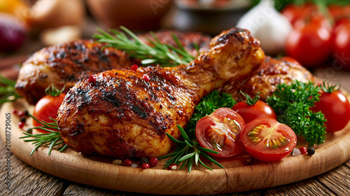 Gegrillte Hähnchenschenkel, schön präsentiert auf Teller als Mahlzeit mit Deko rundherum